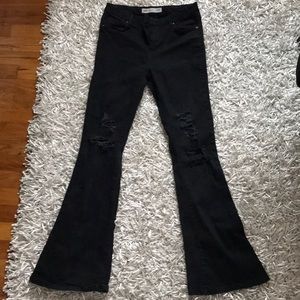 Black Midrise Distressed Flare Jeans